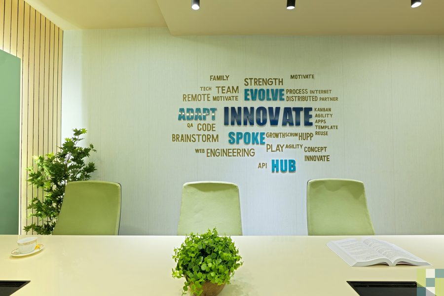 The meeting room and word wall at the Hupp Technologies office