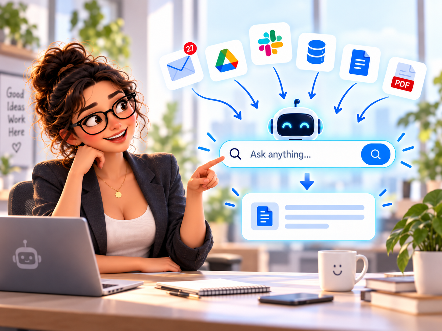 AI search bringing together answers from email, Google Drive, Slack, databases and documents