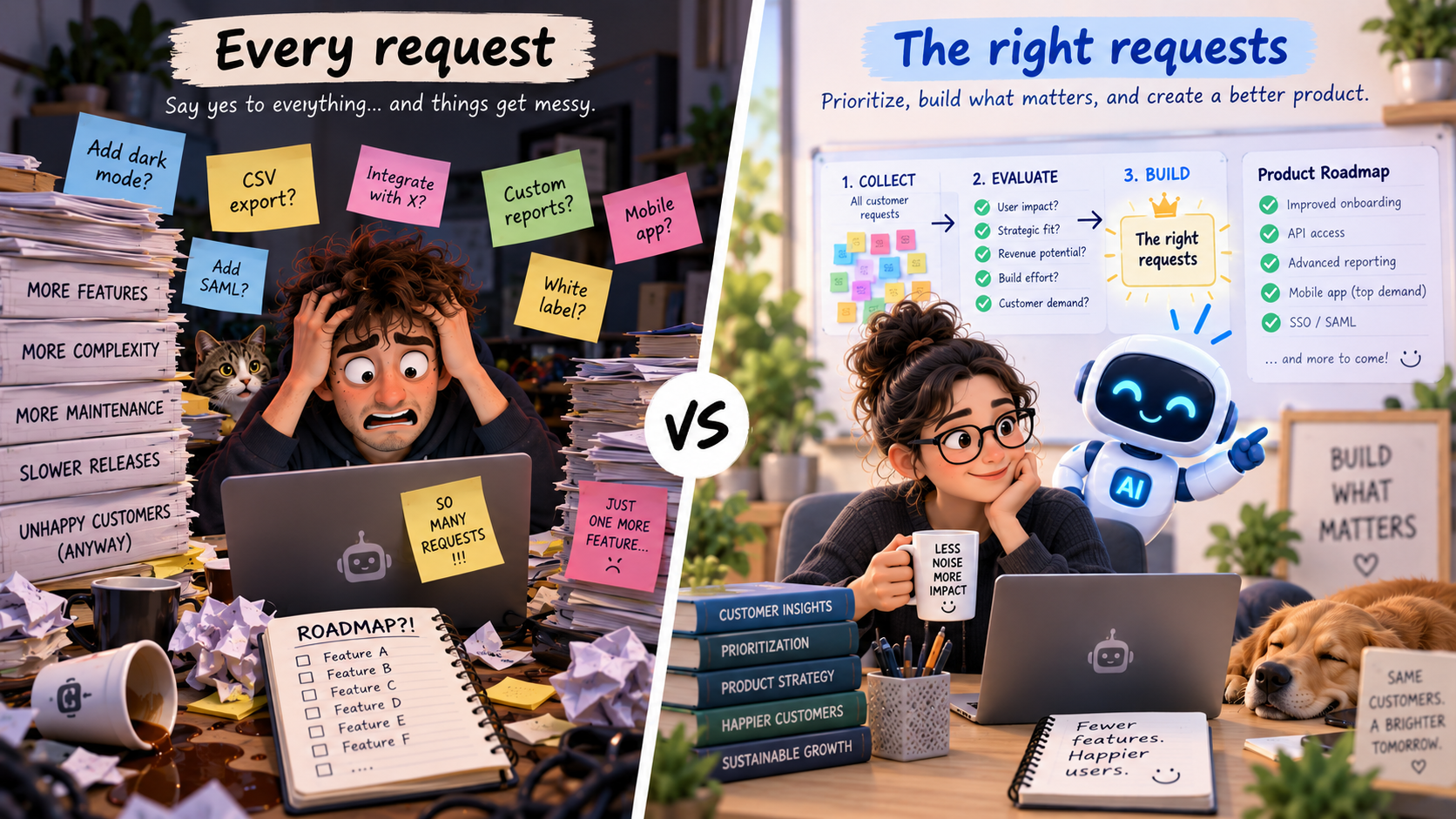 Comparison of building every customer request with evaluating and prioritising the right requests for the product roadmap.