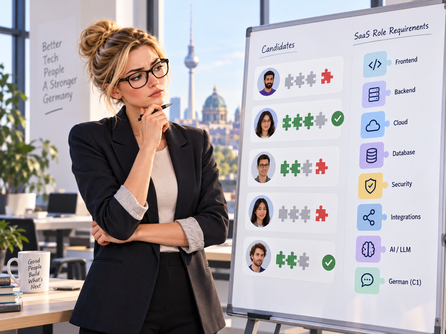 Matching candidate profiles to SaaS requirements including frontend, backend, cloud, databases, security, integrations and AI.