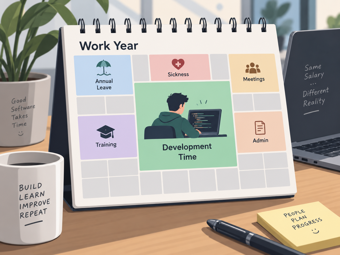 A developer’s work year includes development, annual leave, sickness, meetings, training and administration.